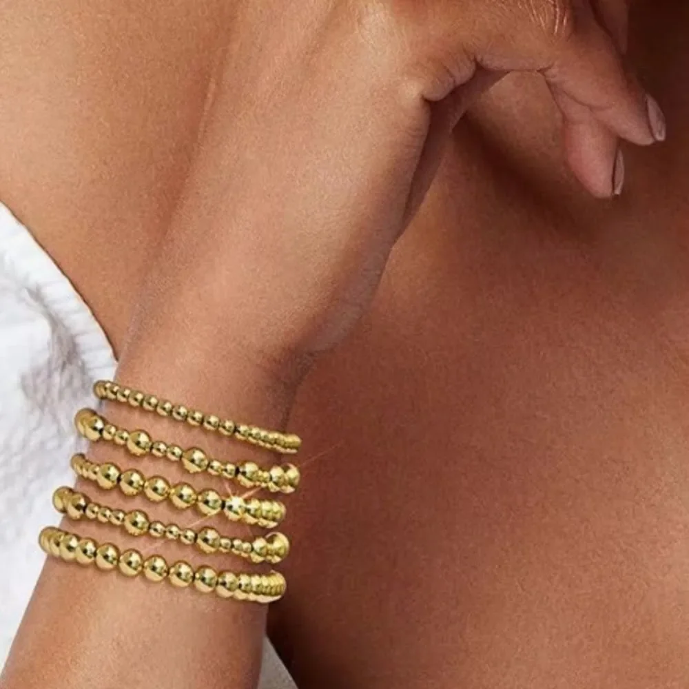 NEW 14K Gold Plated Bracelet Stack Strand Stretch Bead Ball Bracelet Set